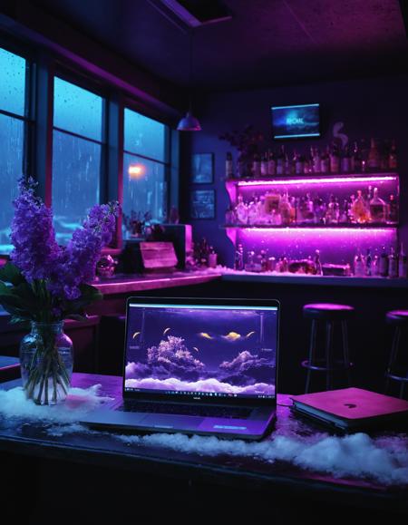 <lora:r0k00g00th:1>,r0k00g00th,r0kur3&l1tyHD. cyberpunk art,, a bar with a purple light and a laptop on the counter and a fish tank in the background with flowers [2], prompt . ,weather, (snowy:1.5), hail ice pellets from storms, windy, gentle breeze to strong gusts,,