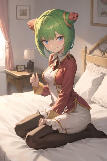 sthcosmo, seedrian, blue eyes, cone hair bun, green hair, short hair, green dress, red gemstone, pantyhose sitting, smile, looking at viewer, bedroom <lora:cosmo:1>