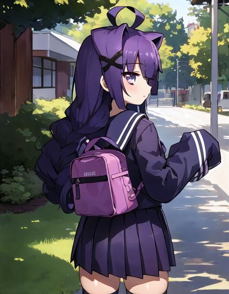 masterpiece, best quality, ultra-detail, 1girl, solo, <lora:(criminal girls) alice:0.7>, ali, hair ornament, bags under eyes, (school uniform, serafuku:1.1),  oversized clothes, long sleeves,  (sleeves past wrists:1.1), skirt, pendant, outdoors, purple hair, from behind, profile, purple hair, breasts, school bag