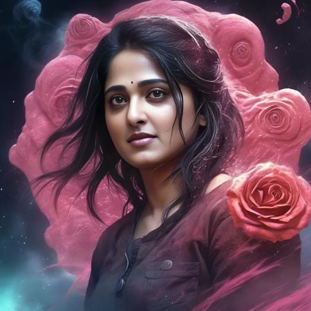 AnushkaShetty,  anime artwork (Hyperreal:1.4),raw,emotional,dynamic,distortion for emotional effect,vibrant,use of unusual colors,cute cinematography,cosmic creature looking down at a lone explorer,eldritch horror with smoke tendrils emerging from a void portal in a cosmic dreamscape,age down,young,sexy,detailed eyes,detailed face,detailed skin,rose covered in chalk dust, anime style, key visual, vibrant, studio anime,  highly detailed<lora:AnushkaShettySDXL:1>