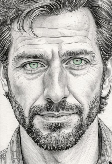 pencil sketch, man, male, AndrwTggrt, face shot, 42 years old, looking at viewer, handsome, beautiful, attractive,  green eyes, brown hair
