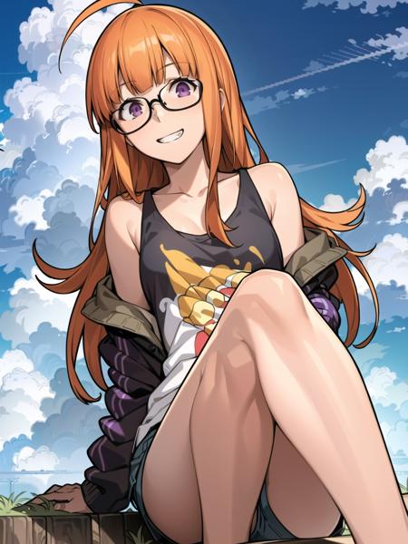 masterpiece, best quality, highres, extremely detailed CG unity 8k wallpaper, realistic shadows,
dsfutaba, orange hair, long hair, blunt bangs, ahoge, glasses, purple eyes, mischievous grin, tank top, jacket, shorts, 1girl, solo, sitting, from below, foreshortening,
clouds, sky, detailed background
<lora:dsfutaba_e3:0.75>