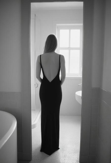 sexyai, black and white photography, Ilford HP5 Plus, Lubitel 2, a beautiful woman in a black dress is standing in front of a mirror in a bathroom, back turned, backview, looking from behind, open back dress, back slit, revealing stylish dress, sexy gown, opened dress, back pose, picture from behind, her back is to us, taken from behind, photo from behind, exposed back