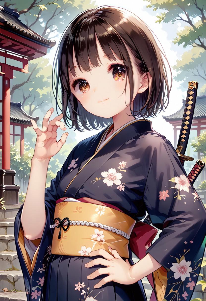 score_9, score_8_up, score_7_up, 1girl, YukiuCP, masterpiece, best quality, ultra high res, smiling, happy, (detailed eyes:1.2), 1girl, solo, japanese clothes, short hair, weapon, sword, brown eyes, looking at viewer, kimono, brown hair, lips, hand on hip, sheath, smile, katana, black hair, upper body, closed mouth, sheathed, hand up  <lora:nobu-1:1>