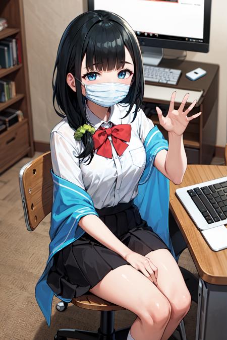 masterpiece, best quality, highres, 1girl, solo, long hair, black hair, hair scrunchie, low ponytail, blue eyes, mouth mask, school uniform, blue shawl, red bowtie, collared shirt, white shirt, short sleeves, pleated skirt, black skirt, <lora:hassu_v1:0.8>, waving, room, sitting, chair, computer, keyboard \(computer\), desk,