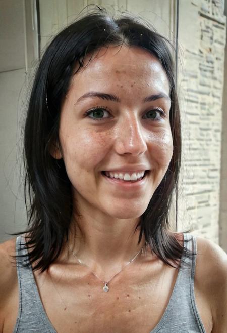 instagram selfie, 2/3 portrait , a 23 year old gorgeous skinny  woman , happy relieved smile, sweaty and exhausted, detailed skin face and eyes ,  long black hair, wearing a silver necklace, film grain, low contrast, natural face , freckles , black hair , green eyes, dark circles under eyes, in a cute apartment in paris, natural lighting, hard nipples