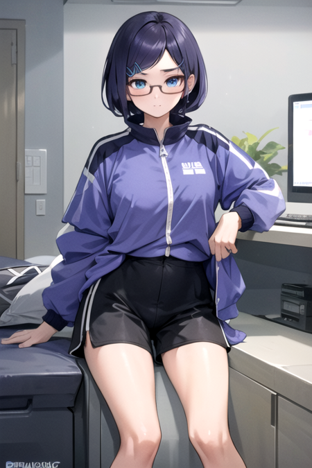 AchanOffWork, 1girl, solo, short hair, blue eyes, hair ornament, blue hair, blue jacket, glasses, black shorts, hairclip, swept bangs, track jacket, 