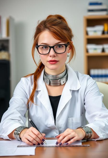 A 25 year old woman with nardy glasses and red hair in a ponytail sitting behind a desk. She wears a white laboratory cleak and a bnlack top. Her hands are on the table in front of her holding a pen and a ruler. She has a thich silver band of metal around the neck and likewise such bands of metal around the wrists.