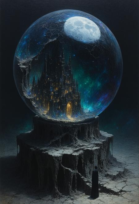 Painterly dark fantasy illustration, style of Brom and Zdzisław Beksiński. Medium close-up: A figure fused from cracked porcelain doll fragments and rusted clockwork gears, hunched posture, gazes intently into a shimmering obsidian orb glowing with internal nebula-like light. Within the orb, a sharp, miniature vision: a sprawling cityscape meticulously constructed from iridescent, shifting beetle wings. Dramatic moonlight casts stark highlights on cracked porcelain and corroded metal, contrasting deep abyssal shadows. Visible, textured brushstrokes. Swirling chromatic dust motes obscure the background. Atmosphere of detached fascination, impossible construction, dreamlike logic.