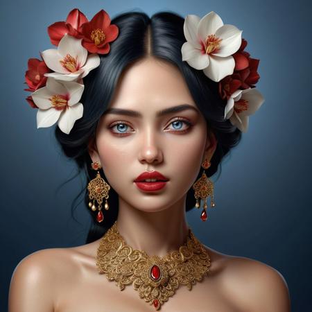 Ultra realistic head and shoulder color pencil drawn portrait of a beautiful 20yo black haired female with flowers in her hair, large intricate  golden earrings and a detailed and intricate golden necklace. (looking at viewer), (beautiful blue-gray eyes), (ruby red lipstick),
BREAK
Deep dark intense midnight blue hazy background,
dynamic lighting, (soft shadows), (soft focus),  (photo realistic), uhd, 8k