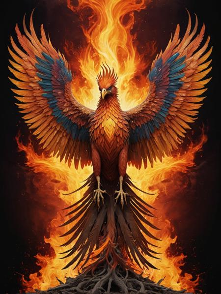 a Phoenix  rising from the ashes , intricate , aesthetic , vivid color    symmetrical