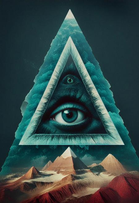 mountain, surreal,  double exposure, dark and moody ,colored all seeing eye pyramid  made of qu4ntum, film grain,high quality,  dramatic ,poster, mugshot wall, nvcmsdx