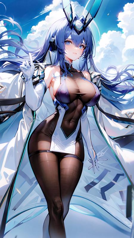 1girl, breasts, long hair, solo, gloves, very long hair, bodystocking, full body, white gloves, blue hair, coat, headgear, dress, coat on shoulders, pantyhose, high heels, white dress, bangs, standing, blue eyes, smile, white coat, elbow gloves, covered navel, open coat, hair between eyes,<lora:NewJerseyVRerun:0.9>, ussnewjersey, blue sky, sky background, clouds, water,