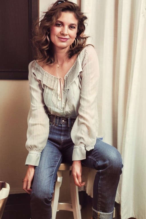 Sarah, a 35yo woman with an air of understated beauty, face shows a soft, natural glow. complexion is fair. Warm hazel eyes, pretty mouth and high cheekbones. Lips are full with neutral pink lipstick. Shoulder-length dark brown hair is loosely curled, clean and shiny. Sarah wears a well-fitted navy blouse tucked into high-waisted dark jeans, which are slightly faded. The blouse is buttoned down. Sarah's shoes are black ankle boots. Sarah wears a slim silver bracelet and small hoop earrings