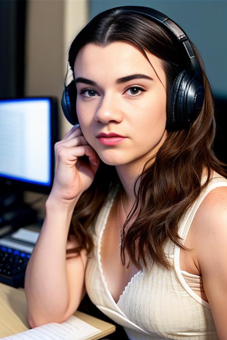 highly detailed photo of BCoop69 wearing white headphones and a black dress, sitting at a news desk, RAW candid cinema, woman, studio, 16mm, ((color graded portra 400 film)) ((remarkable color)), (ultra realistic), textured skin, remarkable detailed pupils, ((realistic dull skin noise)), ((visible skin detail)), ((skin fuzz)), (dry skin) shot with cinematic camera, ,