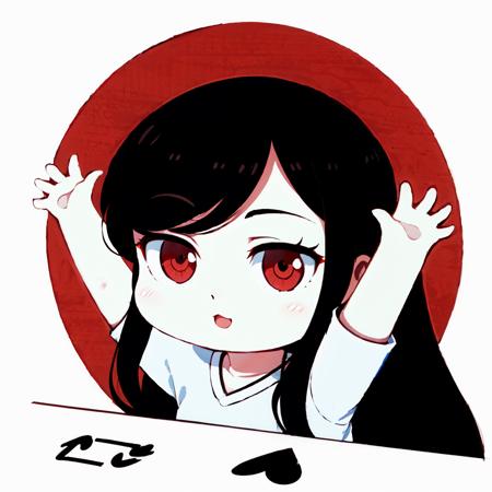 Highly detailed, High Quality, Masterpiece, beautiful, BongoCatP1, arms up,  <lora:BongoCat:1.0>, black hair, red eyes, shirt, white shirt, long hair