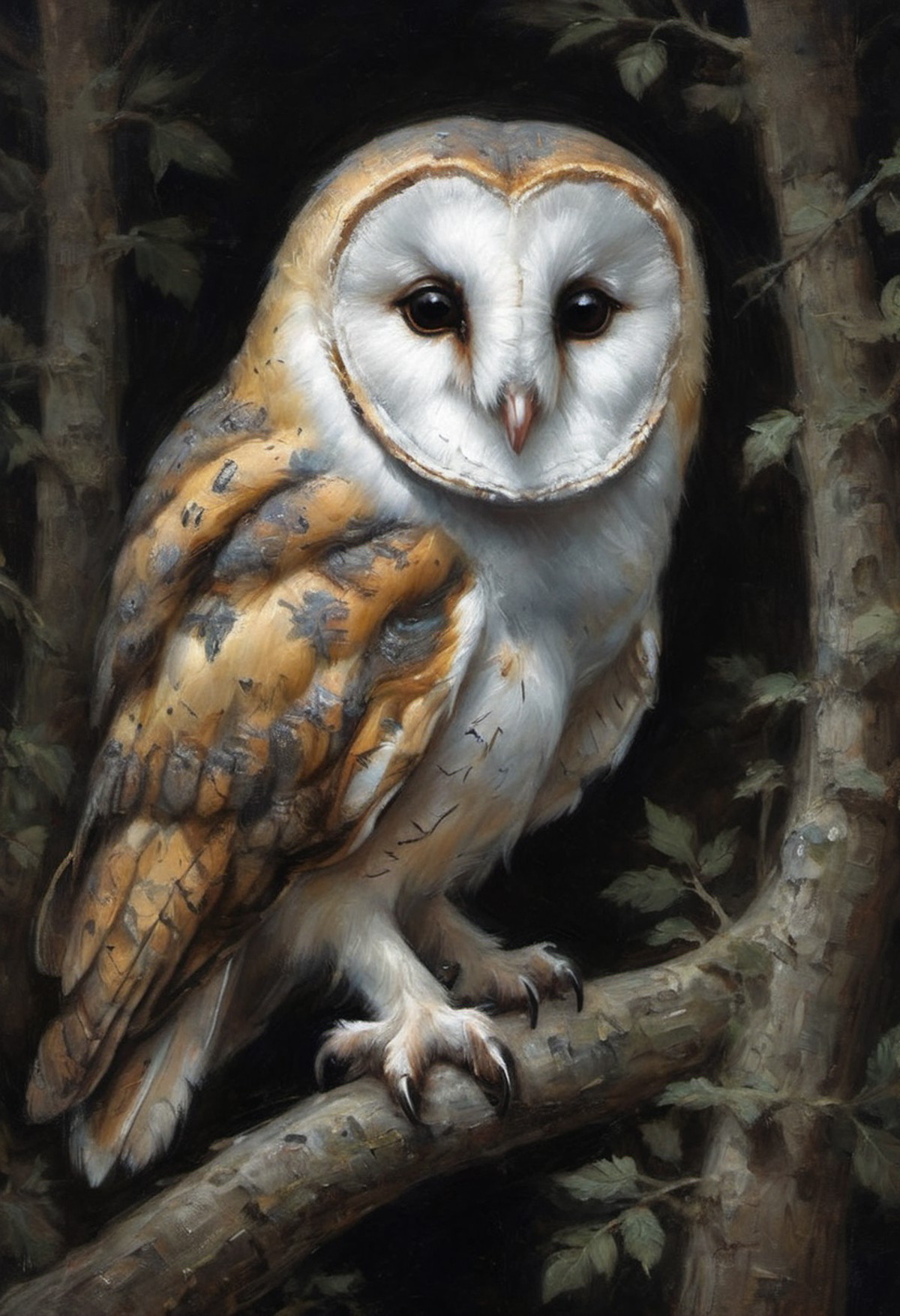 a barn owl with emerging from the shadows of a nighttime forest