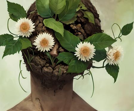 (masterpiece, illustration, high quality, close up), (((a woman with a face covered in dry soil and a flower and leaves growing on his face, human_nature_lora))), forest, (depth of field), <lora:human_nature_l0ra-09:0.8>, <lora:epiNoiseoffset_v2:0.5>