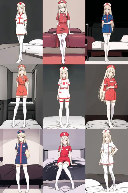 long_hair,red_eyes,blonde_hair,staring,((slim legs)),(white_thighhighs),(no shoes),sleeves,flat_chest,nurse cap,((nurse)),flat color,petite,solo,staring,full body,on bed,staring,nurse,,