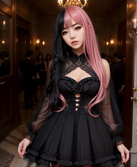 an award winning full body photograph of a seductive (hlfcol haired girl with pink and black hair), Paneled dress dress, hyper realistic, detailed, intricate, insane fine details, cinematic lighting, professional photoshoot    <lora:hlfcol:0.8>