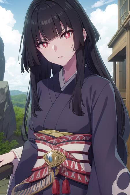 tateglass, <lora:tate glass s1s2-lora-nochekaiser:1>,
glass, long hair, bangs, black hair, blunt bangs, hime cut, (red eyes:1.3), (slit pupils:1.5), (bright pupils:1.5)
BREAK japanese clothes, wide sleeves, kimono, sash, obi, black kimono, lipstick,
BREAK outdoors, forest, nature, sky, sun, clouds,
BREAK looking at viewer, (cowboy shot:1.5),
BREAK <lyco:GoodHands-beta2:1>, (masterpiece:1.2), best quality, high resolution, unity 8k wallpaper, (illustration:0.8), (beautiful detailed eyes:1.6), extremely detailed face, perfect lighting, extremely detailed CG, (perfect hands, perfect anatomy),