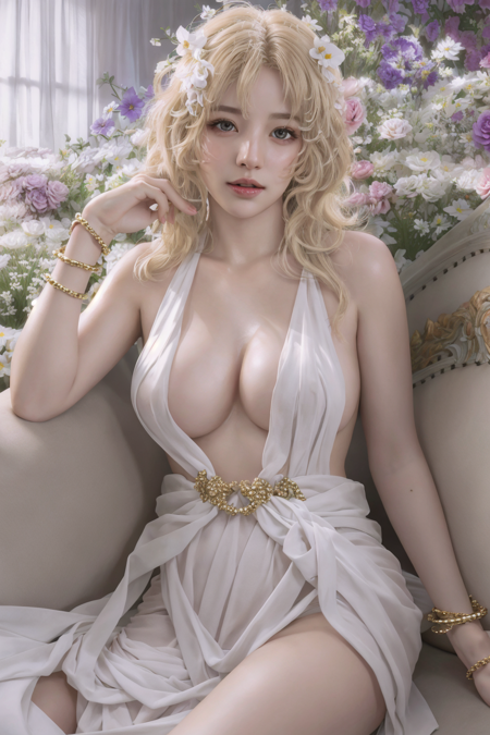 ((best quality)),absurdres,(ultra high res),(photorealistic:1.6), octane render,(hyperrealistic:1.2), (photorealistic face:1.2), a woman, white dress, sleeveless, blonde hair, hair ornament, jewelery, arm bracelet, ring, hair flower, flower, sensual pose, lying on couch, naughty face, half open mouth, perfect female body, (realistic:1.7), (8k), (Masterpiece), (realistic skin texture), (soft lighting),(beautiful eyes:1), <lora:AphroditeROR:0.85>