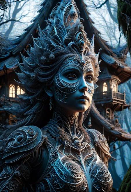 a close shot photo of a ral-frctlgmtry ghost girl in a haunted forest with a hut, highly detailed, intricate design, high quality, 8k, cinematic, epic, ray tracing, deep shadows, dark fantasy