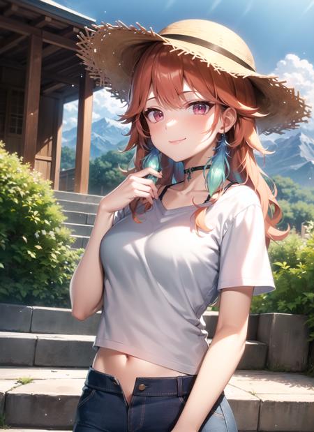 <lyco:kiara1-000008:1.0>, kiaracountry, white shirt, shorts, straw hat, upper body, smile, blush, outdoors, day, simple background, blue sky, sky, temple, looking at viewer, stairs, mountain, moody lighting, facing viewer,