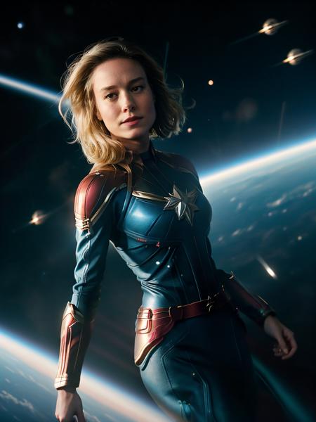 <lora:bri3ver2:0.6>, bri3,a woman,blonde hair,stars,night,masterpiece,flying in space,film grain,out of focus,motion blur,wearing captain marvel costume, by greg rutkowski <lora:add_detail:1> (add_detail:1.3)