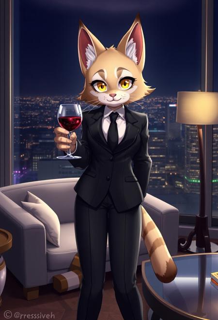 score_9, score_8_up, score_7_up, highres, high quality, perfection, masterpiece, Expressiveh, #
###
1girl, solo, front view, cowboy shot, #
###
detailed body, detailed fur, detailed face, detailed eyes, perfect eyes, #
###
furry female, anthro tabby_cat girl, adult girl, beautiful girl, cute girl, shapely girl, slim girl, petite girl, (bald_girl: 1.2), (baldness: 2.0), beautiful face, eyelashes, yellow eyes, whiskers, large breasts, long tail, #
business suit, black suit, suit jacket, white shirt, black tie, #
standing, grin, holding wine glass, looking at viewer, #
###
indoors, luxury room, penthouse, sofa, coffee table, big window, night, city, city_lights,
