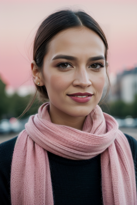 RepAOC, Paris street scene, street fashion, smile:1.8, laughing:1.3, street photography, ((black slacks, colorful top, bold scarf)), razored combover bob haircut, ((red lipstick)), ((slim, fit, lanky, coltish:1.5)), ((black cashmere sweater)), luxury, looking at viewer, Hasselblad H6D, 80mm portrait, natural lighting, oiled skin, perfect eye blush, slightly open mouth, long eye lashes, <lora:epiCRealismHelper:0.2>, <lora:hairdetailer:0.3>, ((dawn, daybreak, pink sky:1.3)), detailed skin texture, (blush:0.5), (goosebumps:0.5), subsurface scattering, RAW candid cinema, 16mm, color graded portra 400 film, remarkable color, ultra realistic, textured skin, remarkable detailed pupils, realistic dull skin noise, visible skin detail, skin fuzz, dry skin, shot with cinematic camera