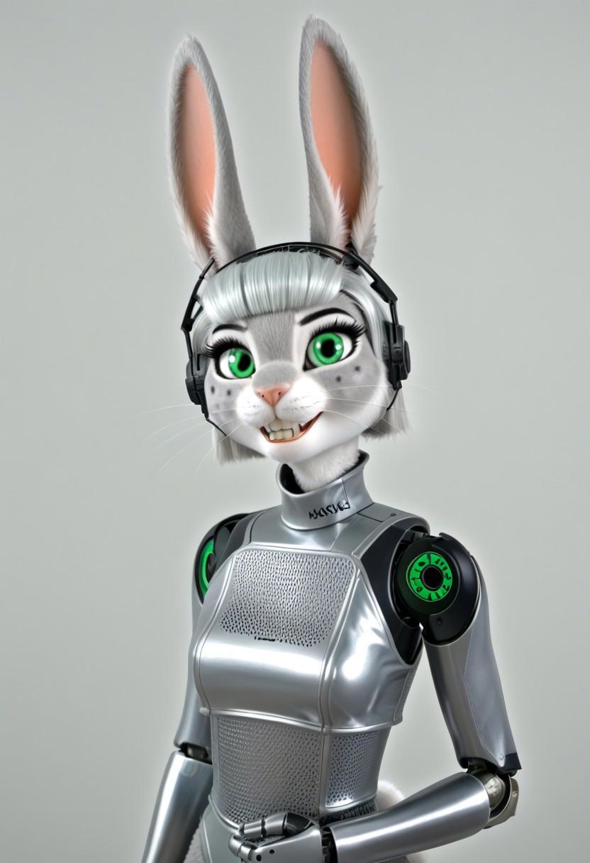 A 35mm photo of a beautiful robotic woman, she has a robotic  anthropomorphic robotic rabbit head, robot, rabbit nose, rabbit teeth, green rabbit eyes, freckles, grey rabbit fur, cat fur, grey rabbit ears, silver hair, silver mesh bodysuit, robotic joints