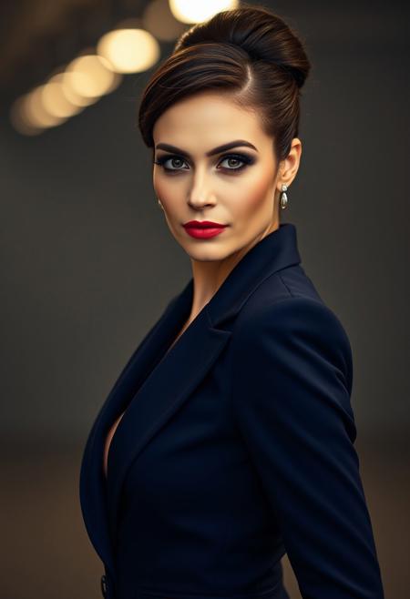 A captivating, 40-year-old businesswoman, exuding both power and sensuality. Draped in a tailored, midnight blue power suit, she commands attention with her confident stride and piercing gaze. Her sleek, professional updo frames her face, drawing attention to her full lips and sultry eyes. A smoky eye and a hint of red lipstick add a touch of allure, while her flawless skin and perfectly arched brows exude timeless elegance. The soft glow of the studio lights illuminates her confident expression, hinting at a passionate drive beneath her composed exterior. Photograph style: High-end fashion editorial, dramatic lighting, sharp focus.