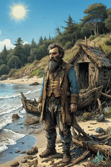A detailed Victorian styled ink art illustration featuring an ancient shipwrecked mariner, his hair and beard unkempt, his clothes tattered and torn, standing forlornly on a pebbly beach watching the tide recede. Behind him in the background his crude driftwood and seaweed hut with grassy dunes leading into a dense forest. Blue skies, bright sunlight