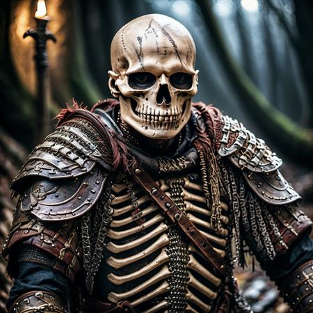 highly detailed cinematic photo of skeleton, 

pauldrons, chainmail,  male focus,  depth of field, ((night)), crypt, realistic:1.3


depth of field, blurry background, 

masterpiece, best quality:1.1, realistic:1.1,

depth of field:1.1, 
(shadow play:1.3),

