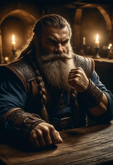 A ultra-detailed 85mm close-up realistic shot of an ((very angry)) old (Dwarf:1.3), (braided beard:1.35), (braided hair:1.25), (hand fist on the table:1.4), with high detailed and beautiful eyes, holding wooden, in a macabre style, set in a candlelit medieval tavern, (behind a bar:1.25), a dynamic pose and an ((very angry expression)). The scene is illuminated by dynamic chiaroscuro lighting, enhancing the melancholic atmosphere. fantasy, dark fantasy, high fantasy. Dynamic brushwork meets hyper-detailed ultra-HD clarity, achieving a mesmerizing fusion of art and realism. Meticulous craftsmanship ensures that every nuance of the motif shines in extraordinary resolution., <lora:add-detail-xl:0.85>, ral-ertmsphr, <lora:ral-ertmsphr:0.70>,