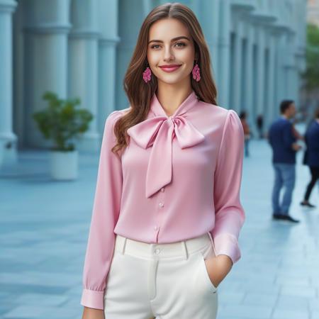 (8k, RAW photo, best quality, masterpiece:1.2), (realistic, photo-realistic:1.37), ultra-detailed,(detailed beautiful girl:1.4),1 girl,full body,woman,smile <lora:Blouse-SDXL:1> blouse woman, city setting, pink blouse