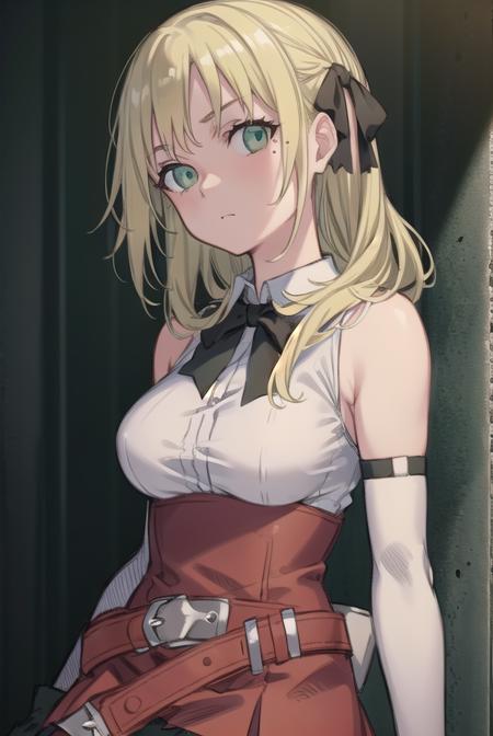 estellerosenthal, <lora:estellerosenthaltest:0.8>, estelle rosenthal, long hair, blonde hair, (green eyes:1.5), mole, mole under eye, black ribbon, black bow, hair ribbon,
BREAK skirt, shirt, thighhighs, gloves, bow, ribbon, bare shoulders, white shirt, sleeveless, belt, black thighhighs, miniskirt, bowtie, sleeveless shirt, red skirt, garter straps, red gloves, high-waist skirt, pink gloves,
BREAK looking at viewer,
BREAK outdoors, city,
BREAK <lora:GoodHands-vanilla:1>, (masterpiece:1.2), best quality, high resolution, unity 8k wallpaper, (illustration:0.8), (beautiful detailed eyes:1.6), extremely detailed face, perfect lighting, extremely detailed CG, (perfect hands, perfect anatomy),