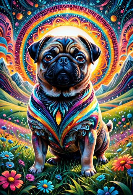 An adorable stylized pug, its large expressive eyes sparkling with curiosity. fluffy fur ripples as it plays in a vibrant background, the sun casting warm light on its playful antics in a lush, colorful meadow. Surrealism art style, dreamlike and irrational imagery, explores the unconscious mind, juxtaposition of unlikely elements, challenges reality and logic, Fractangles, made out of fractangles SDXLposXL,