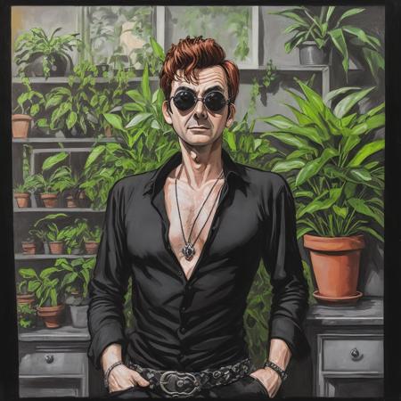 An oil painting of gocrow with sunglasses in a gray brutalist room with potted plants, ((belt with a snake head buckle)), wearing a simple black tshirt, intricate details, best quality, high res, nightlife, (cool pose), ((from the waist up)), cowboy shot,  <lora:epiNoiseoffset_v2:1>