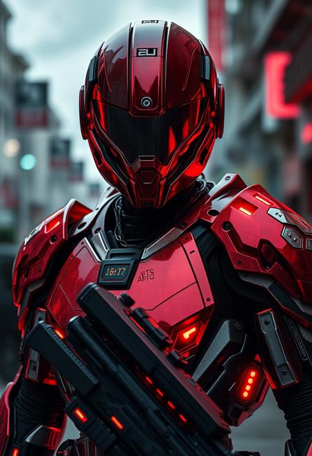 android with metallic advanced armor, weaponry, and helmet, neon red, street, overcast, reflection mapping, intricate design and details, dramatic lighting, hyperrealism, photorealistic, cinematic, 8k, 50mm f2 portrait photography, gfx100 camera, looking the camera, hard rim lighting photography. Highest-Quality, 4k, intricate details, visually stunning, Masterpiece