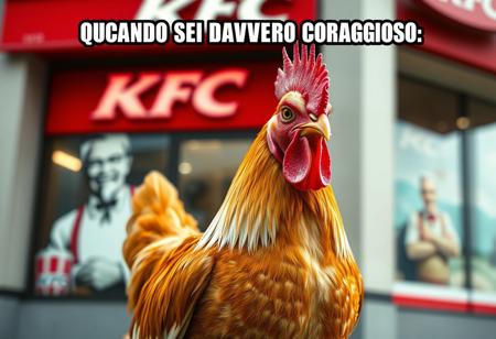 “A realistic, detailed chicken standing confidently in front of a KFC restaurant. The chicken has bright feathers, a sharp gaze, and a proud stance as if aware of its surroundings. The KFC logo is visible in the background, slightly blurred for depth. The scene is captured in a cinematic style with balanced lighting, slightly warm tones, and a shallow depth of field. Overlay bold white text with a black outline in meme style at the top: ‘QUANDO SEI DAVVERO CORAGGIOSO’.”