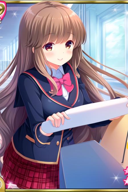 masterpiece, best quality, highly detailed background, perfect lightingbest quality, <lora:Arisugawa-Saeko:0.9>, 1girl, solo, solo focus, brown hair, bangs, very long hair, brown eyes, bow, breasts, blue jacket, white shirt, plaid skirt, school uniform, thighhighs, smile, pink lips.