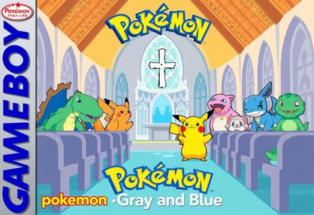 A Pop scene of Ice Ketchum and Pikachu in a Impeccable Pokémon Church, with iconic Pokémon like Charizard, Blastoise, and Bulbasaur in an 8-bit world. Game: Pokémon Pink and Blue (1996) on Game Boy. With Text:"Pokémon Gray and Blue"