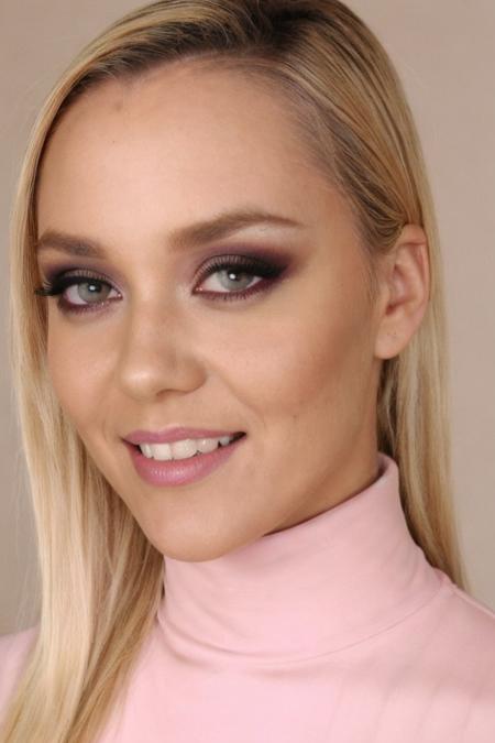 Portrait closeup photo of ann3tt3schw4rz, pink turtleneck blouse, in a bedroom, detailed face, makeup, smiling