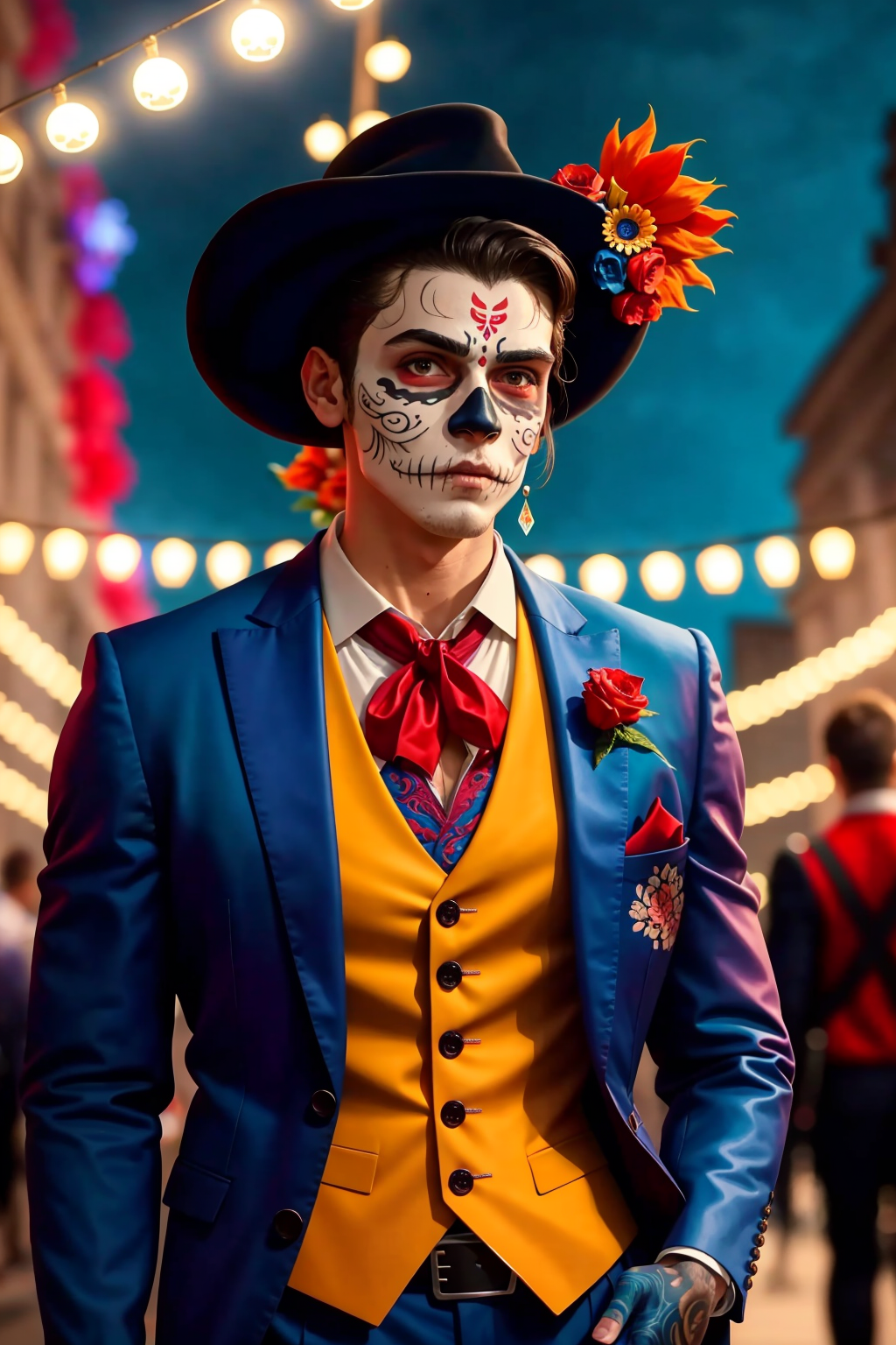day of the dead celebration in Mexico male costume night (Da de los Muertos:1.1) (SouthOfTheBorderSD15:1.0)
(masterpiece:1...