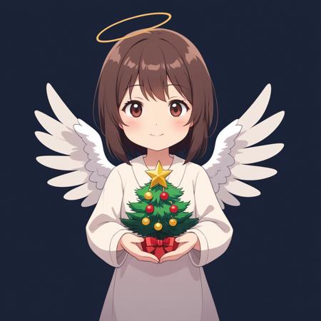 minimalist design anime artwork painting by dark background, a cute angel holding a small christmas tree on palm, soft color rendering,  . anime style, key visual, vibrant, studio anime, highly detailed . clean, simple, restrained, elegant