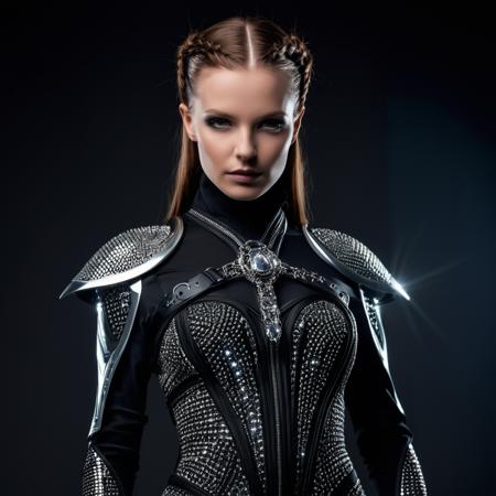 Techwear fashion Alien-themed  , full shot , Breathtaking masterwork 32k HD photo, smirking sleek young  athletic Celtic woman, flowing glossy rippling gossamer  sci-fi material (epic formal ball gown) for a futuristic bal_masque, crystalline laminate armbands, ((crystalline head harness woven through))  raised tall high long fauxhawk single-braid . Extraterrestrial, cosmic, otherworldly, mysterious, sci-fi, highly detailed . Futuristic, cyberpunk, urban, tactical, sleek, dark, highly detailed