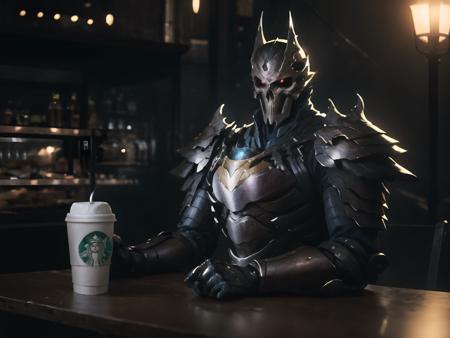 masterpiece,best quality,highres,cinematic lighting,dramatic angle,1boy,skeleton,skull,<lora:ShadowverseSkeletonRaiderV4:0.8>,red glowing eyes,helmet,armor,looking at viewer,sitting across table,(drinking coffee:1.3),at cafe,crowd,starbucks,