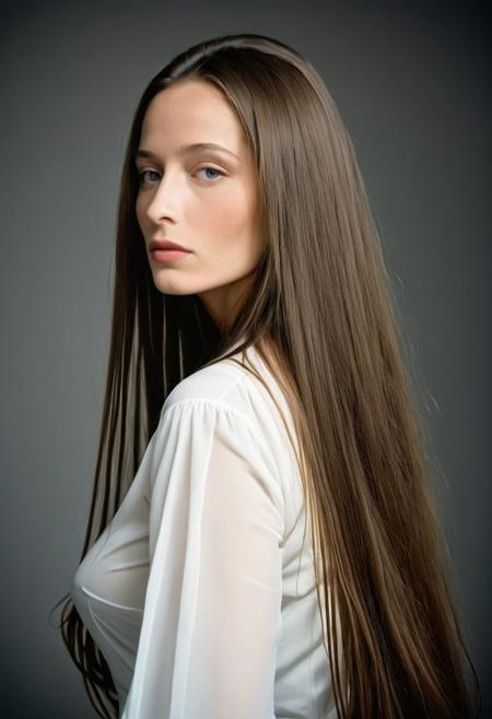 Extremely beautiful woman,very long hair, masterpiece, 1960s style portrait photograph by Annie Leibovitz, Rolleiflex medium format tlr